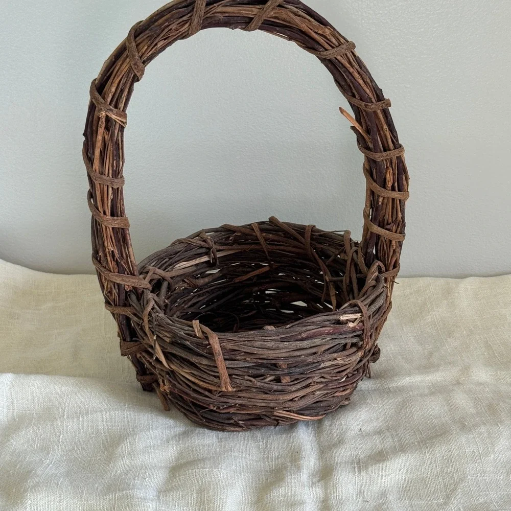 Rustic Grapevine Woven Basket with Handle Natural Wood Farmhouse Decor Primitive